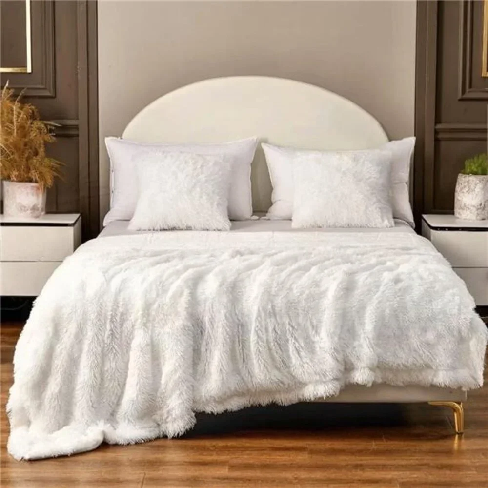 NEW West Elm Boho Beige Faux Fur Fuzzy Plush Throw Blanket Bedding - 50